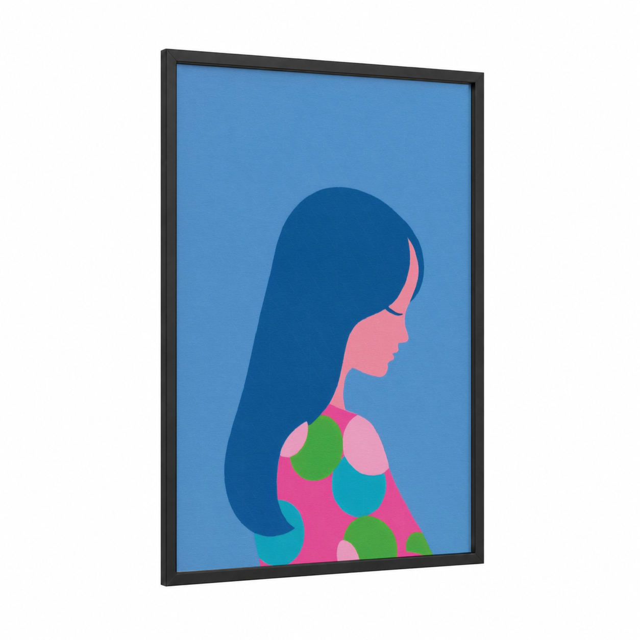 Colorful Woman Profile framed fashion illustration print — black wood frame — blue and magenta palette