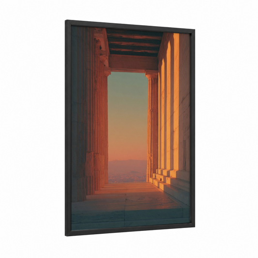 Golden Temple Sunrise framed art print — black wood frame — gold and orange palette