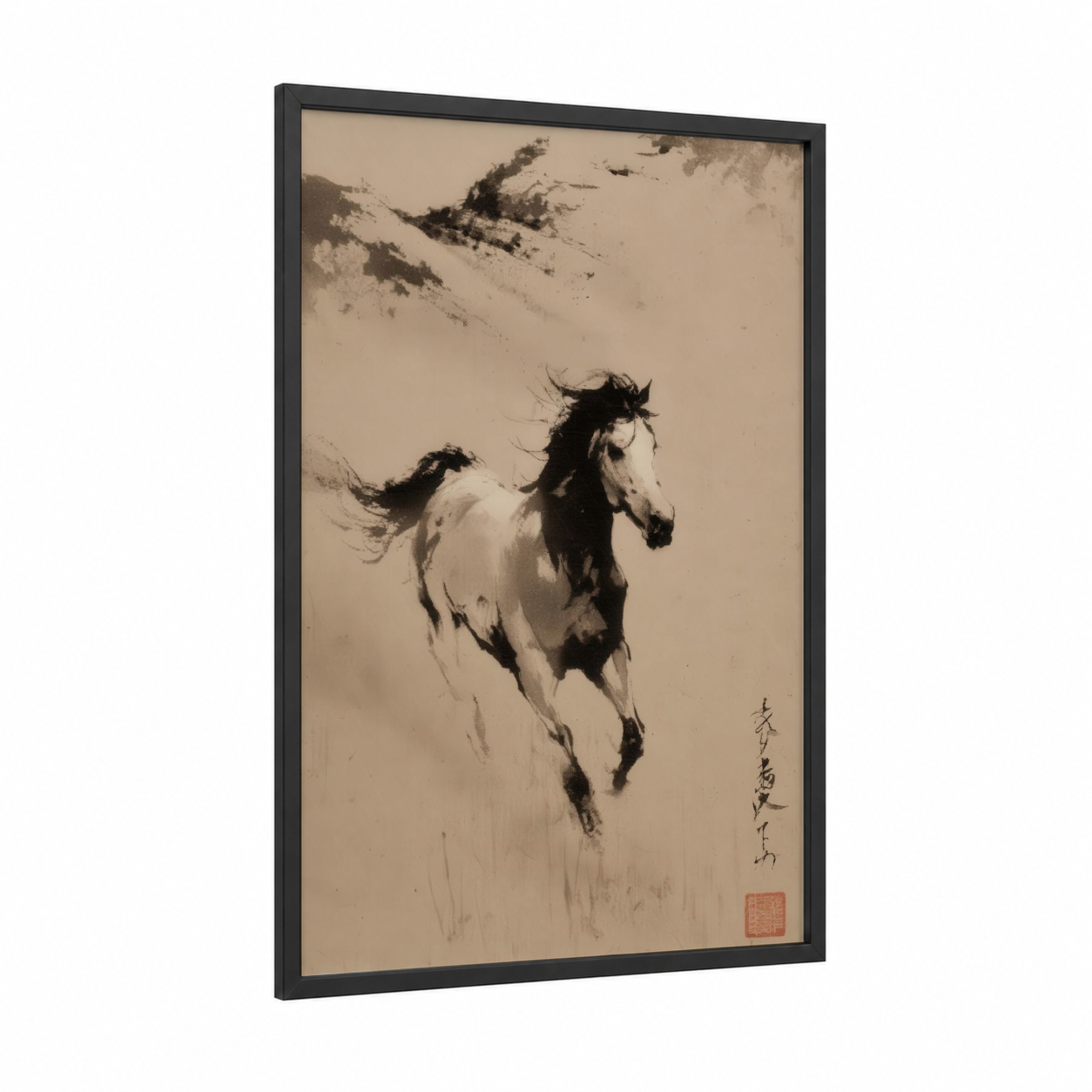 Galloping Quarter Horse framed art print — black wood frame — black and white and cream palette