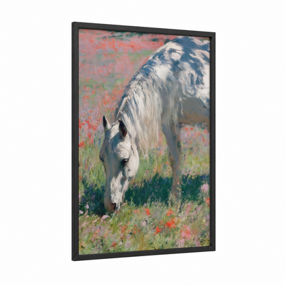 Grazing Quarter Horse framed art print — black wood frame — white and peach palette
