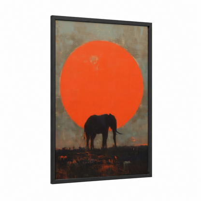 Crimson Sunset Elephant framed savanna elephant print — black wood frame — orange and black palette