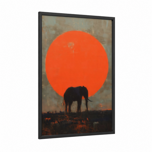 Crimson Sunset Elephant framed savanna elephant print — black wood frame — orange and black palette