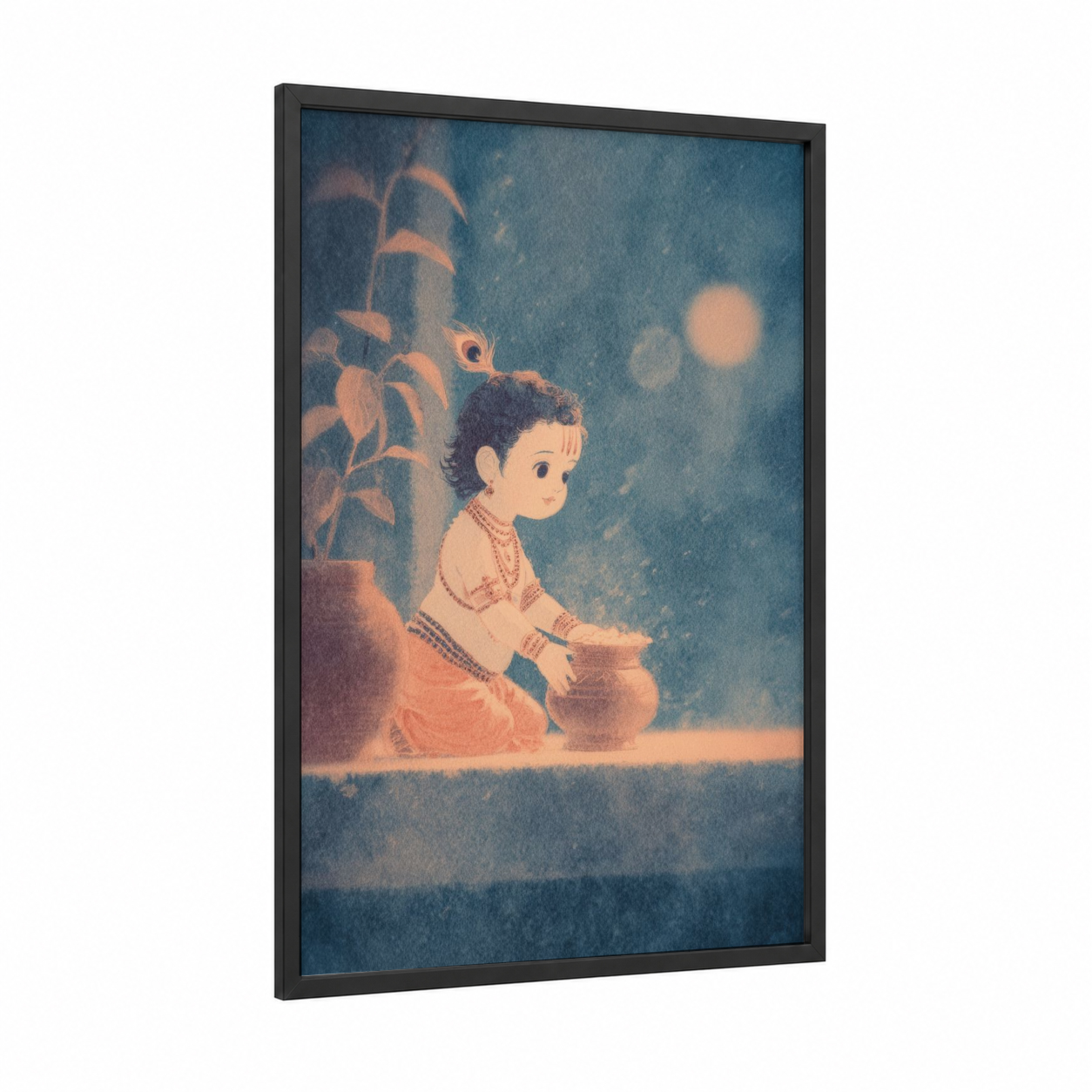 Child's Prayer Ritual framed hindu holidays print — black wood frame — teal and peach palette