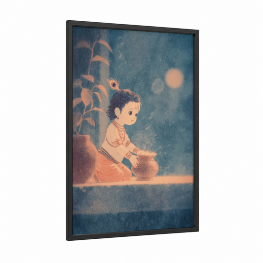 Child's Prayer Ritual framed hindu holidays print — black wood frame — teal and peach palette