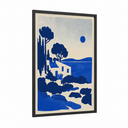 Coastal Cottage Landscape framed rural landscapes print — black wood frame — blue and cream palette
