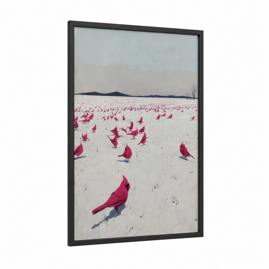 Snowy Cardinal Gathering framed art print — black wood frame — magenta and white palette