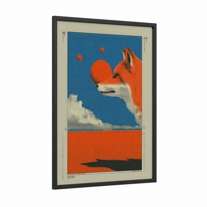 Cosmic Fox framed japanese y2k print — black wood frame — blue and orange palette