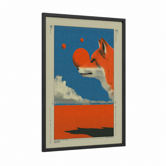 Cosmic Fox framed japanese y2k print — black wood frame — blue and orange palette