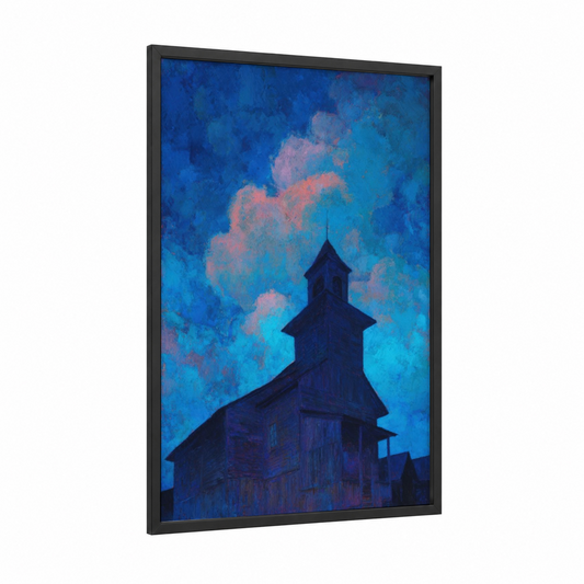 Twilight Synagogue framed synagogues print — black wood frame — blue palette