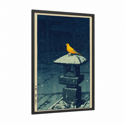 Golden Canary Winter framed canaries print — black wood frame — dark blue and gold palette
