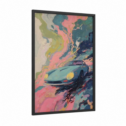 Retro Sports Car framed art print — black wood frame — pink and teal palette