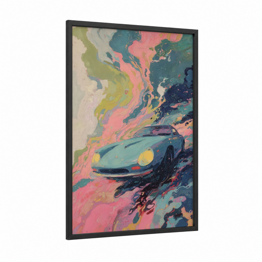 Retro Sports Car framed art print — black wood frame — pink and teal palette