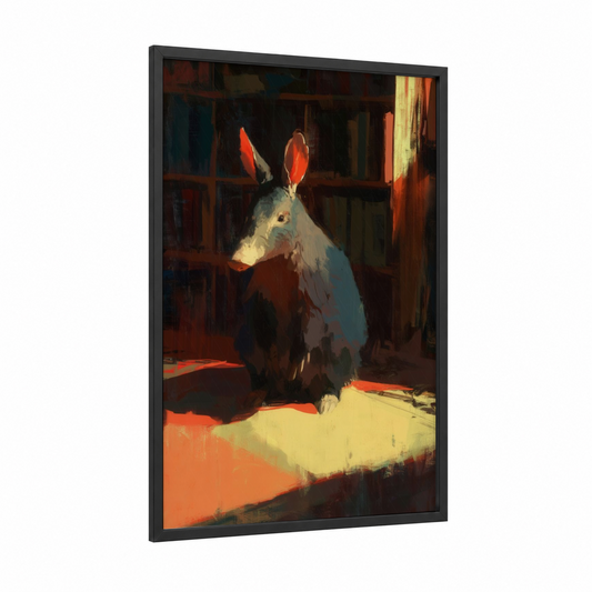 Golden Aardvark framed art print — black wood frame — gold and orange palette