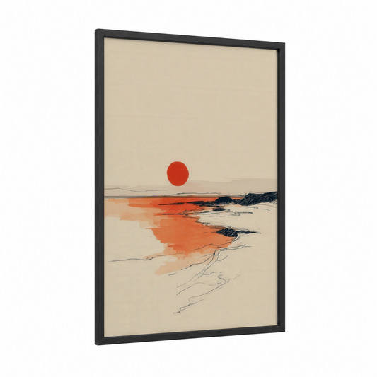 Crimson Sunset Beach framed sandy beach print — black wood frame — orange and beige palette