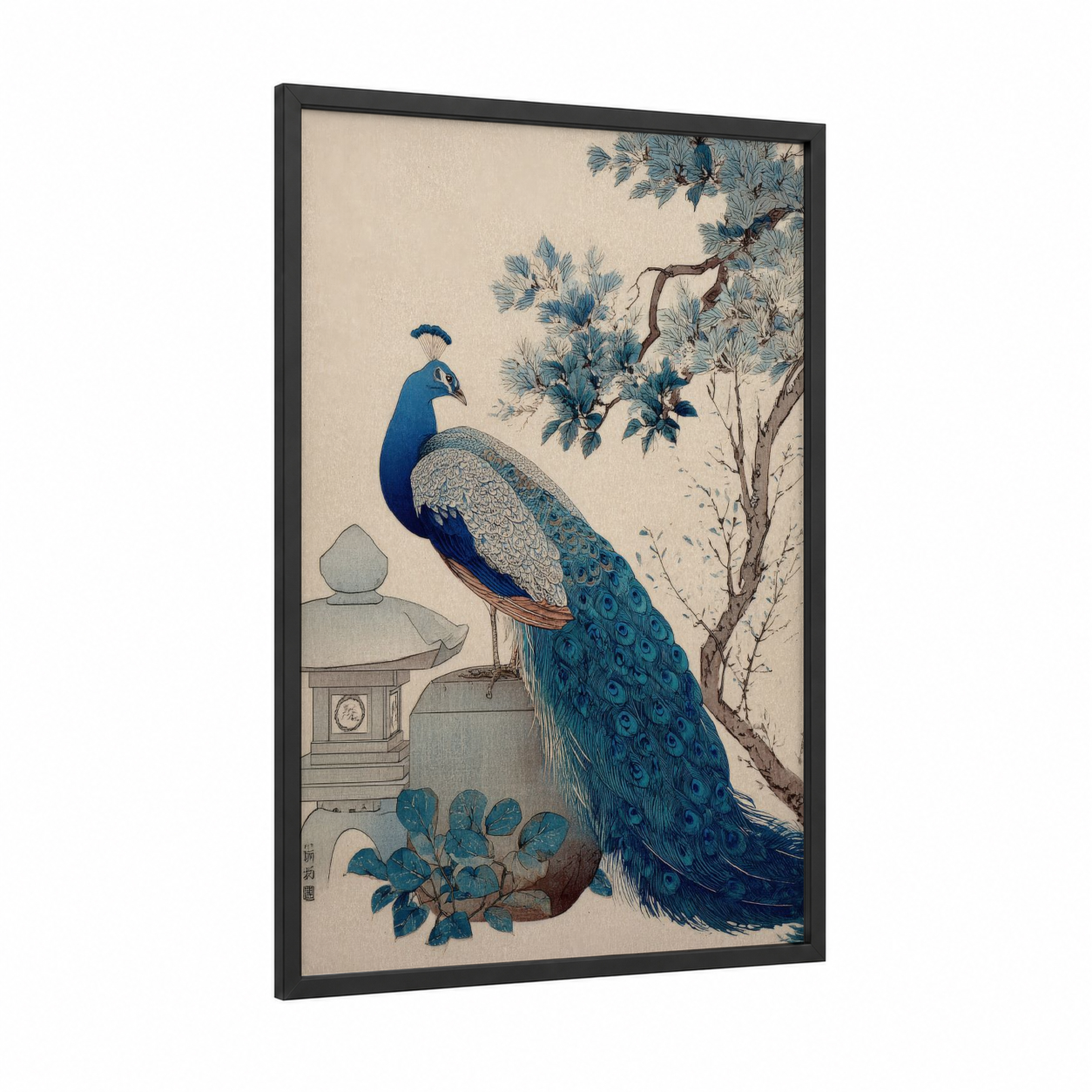 Indigo Garden Peacock framed art print — black wood frame — blue and cream palette