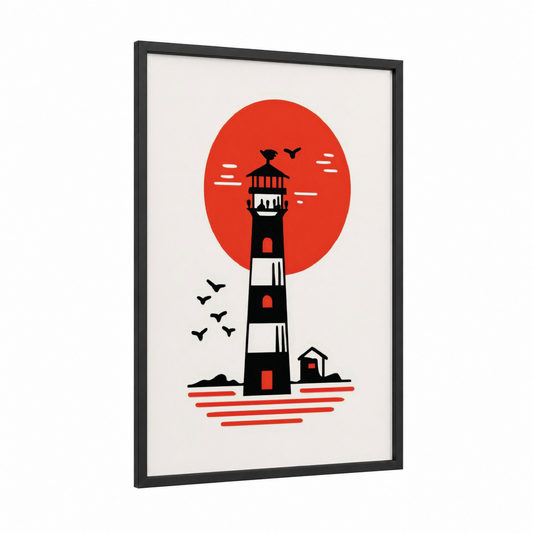 Coastal Lighthouse Illustration framed art print — black wood frame — red and black and white palette