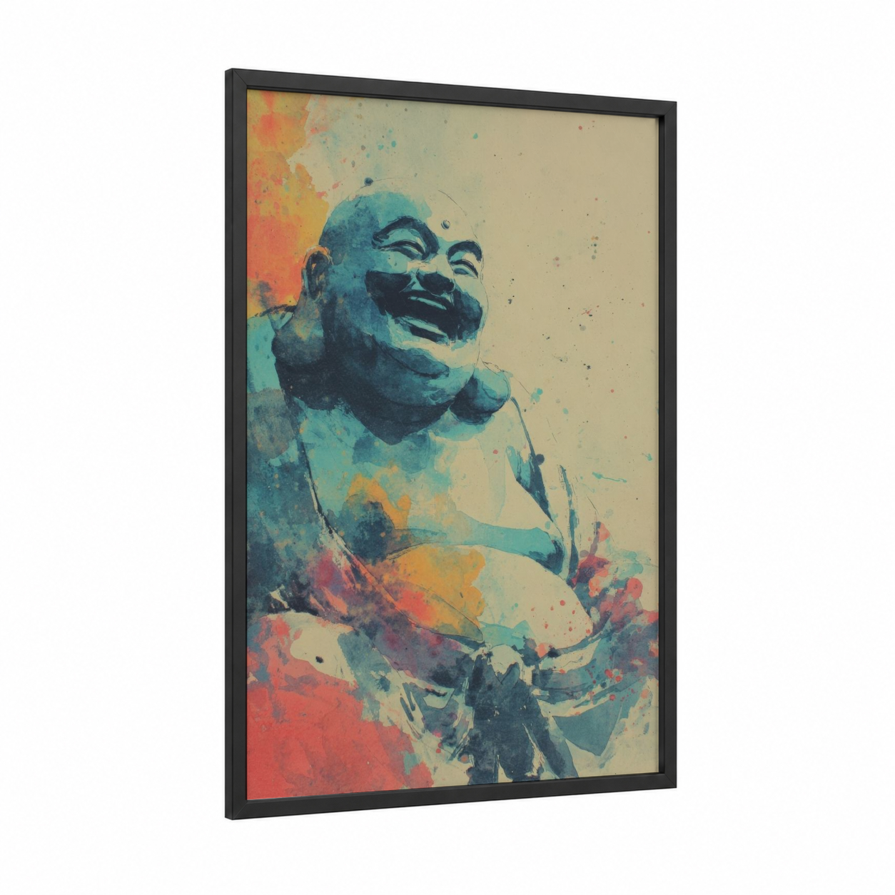 Enlightened Buddha framed buddhism print — black wood frame — teal and orange palette
