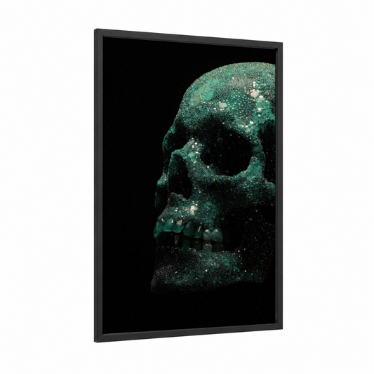 Emerald Skull framed art print — black wood frame — teal and black palette