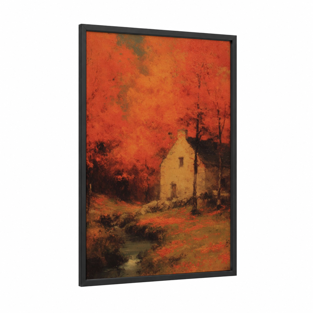 Crimson Cottage framed art print — black wood frame — red and orange palette