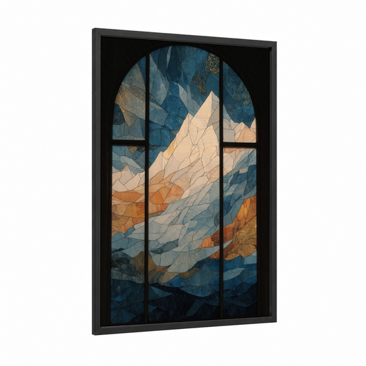 Alpine Peak Window framed mount everest print — black wood frame — dark blue and gold palette