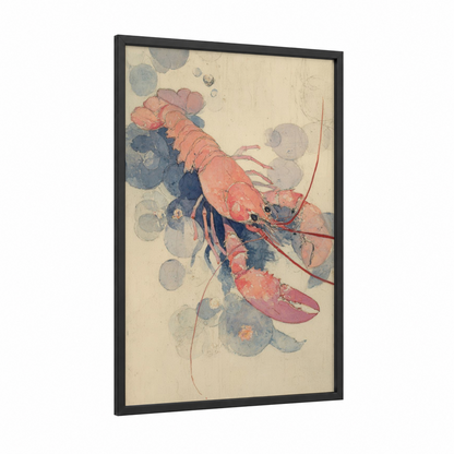 Coral Lobster framed art print — black wood frame — salmon pink and gray palette