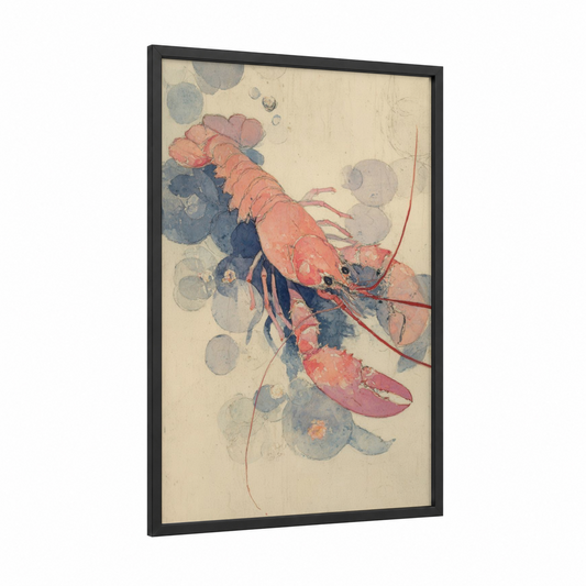 Coral Lobster framed art print — black wood frame — salmon pink and gray palette
