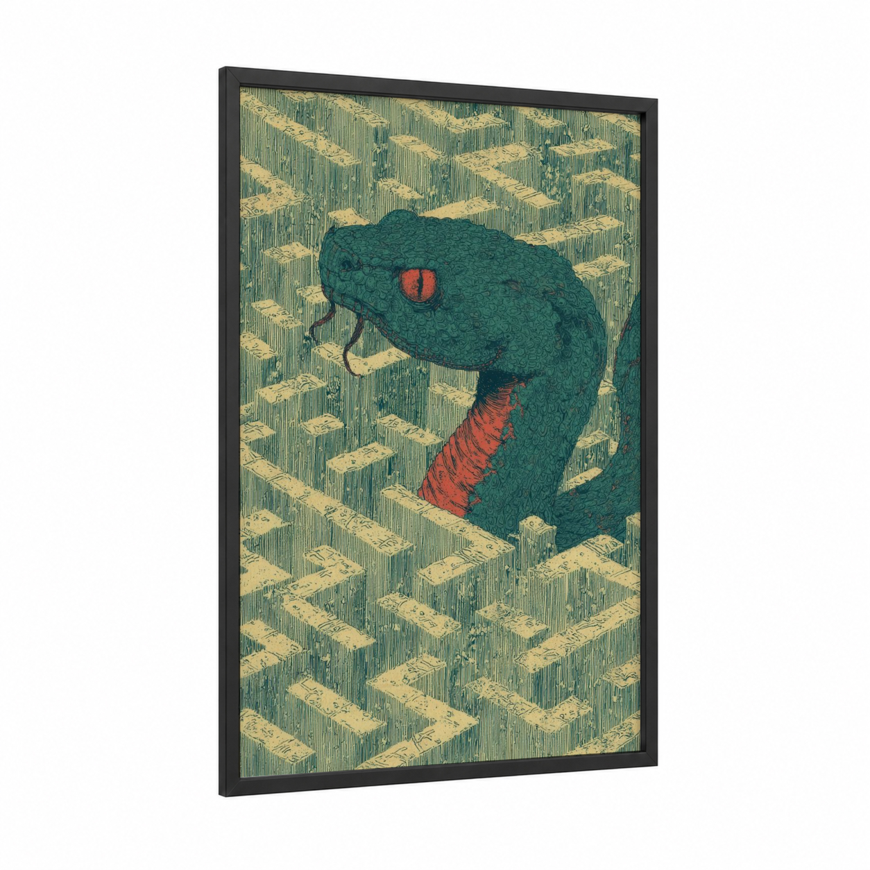 Emerald Rattlesnake framed art print — black wood frame — teal and cream palette