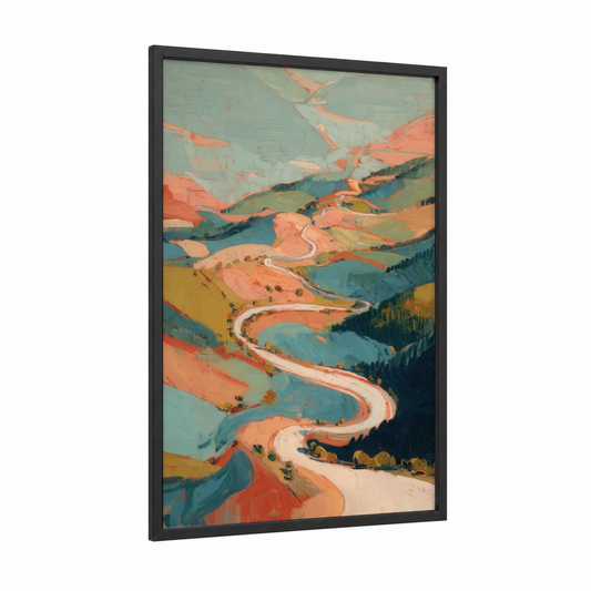 Winding Sierra Valley framed sierra nevada print — black wood frame — salmon pink and teal palette