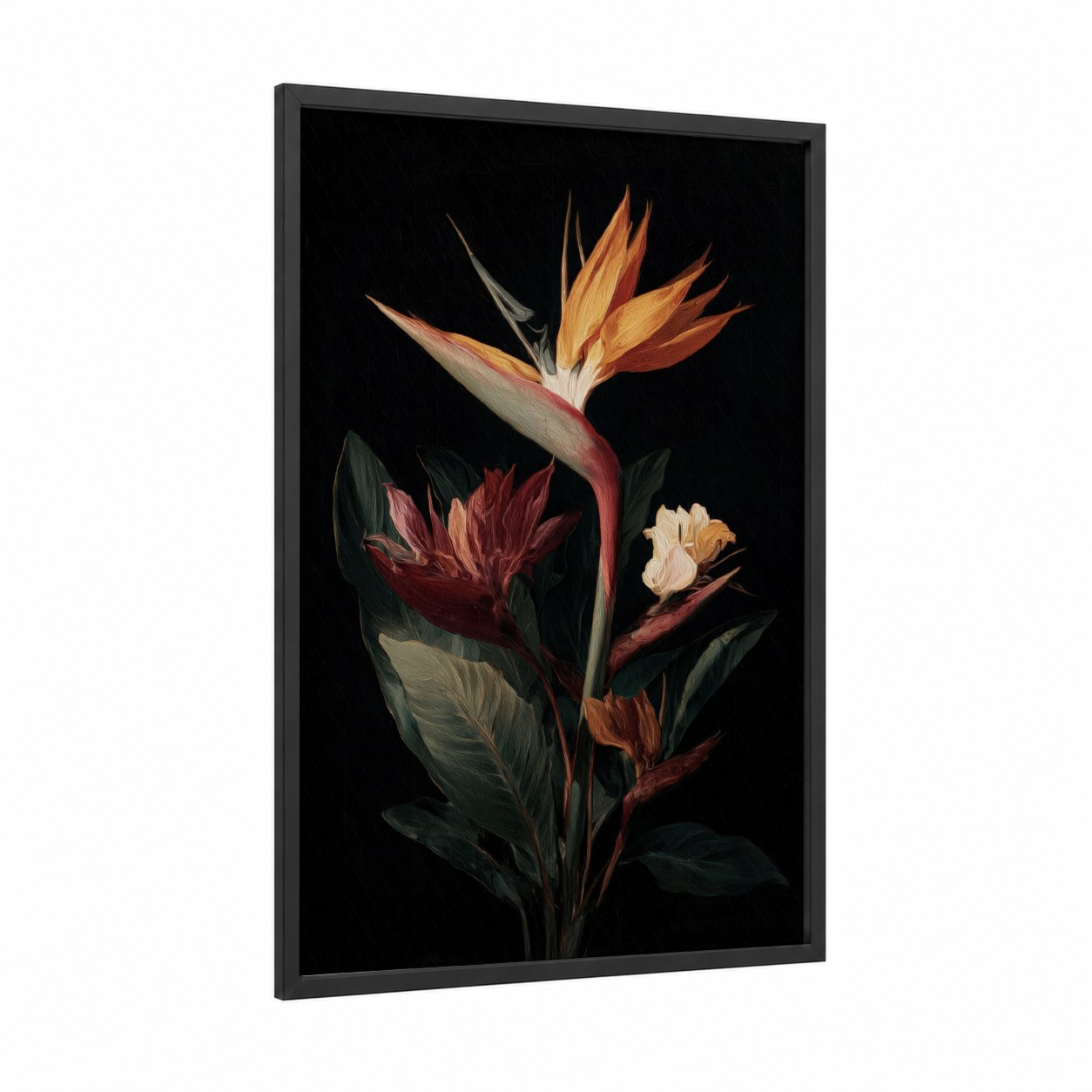 Exotic Bird Paradise framed birds of paradise print — black wood frame — gold and dark green palette