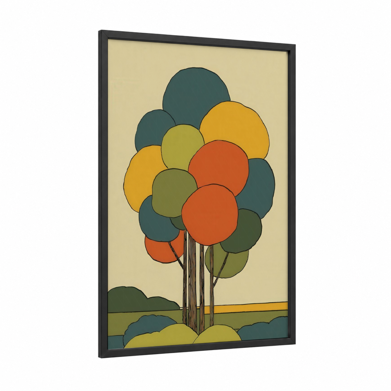 Autumn Linden Tree framed art print — black wood frame — yellow gold palette