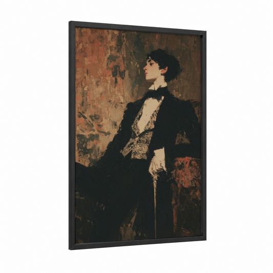 Elegant Silhouette Portrait framed retro fashion print — black wood frame — black and gold and russet palette