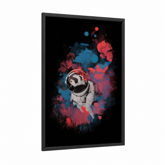 Cosmic Ferret Astronaut framed art print — black wood frame — blue and magenta palette