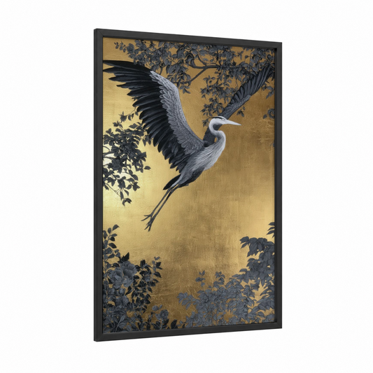 Golden Heron framed art print — black wood frame — gold and black and white palette