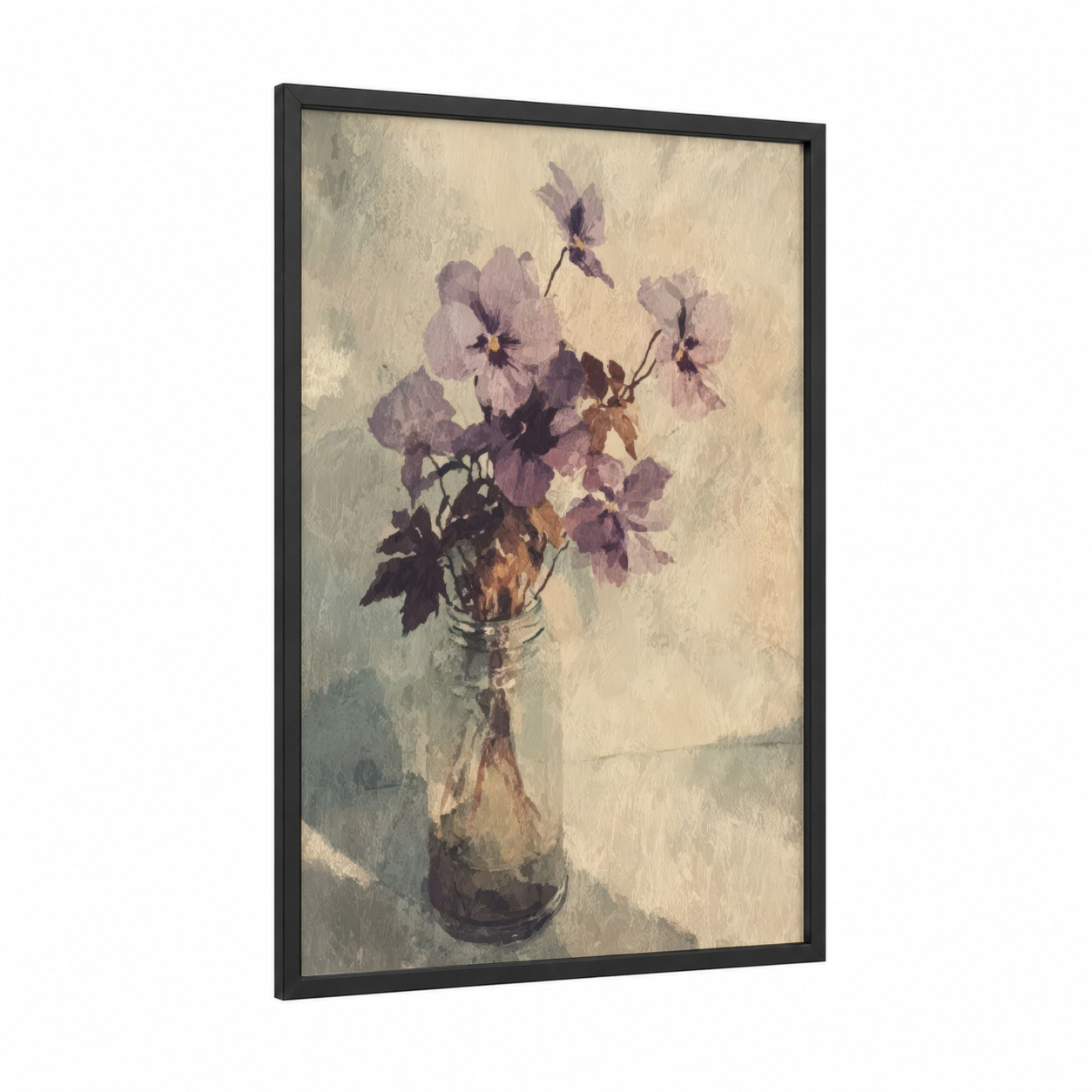 Ethereal Violets framed art print — black wood frame — lavender and beige palette