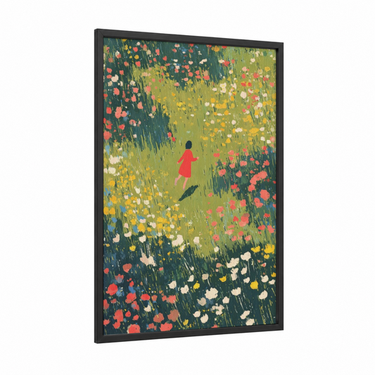 Wildflower Runner framed running print — black wood frame — gold and pink palette