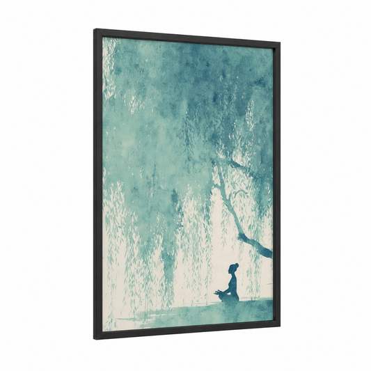 Serene Yoga Meditation framed fitness yoga print — black wood frame — teal and white palette
