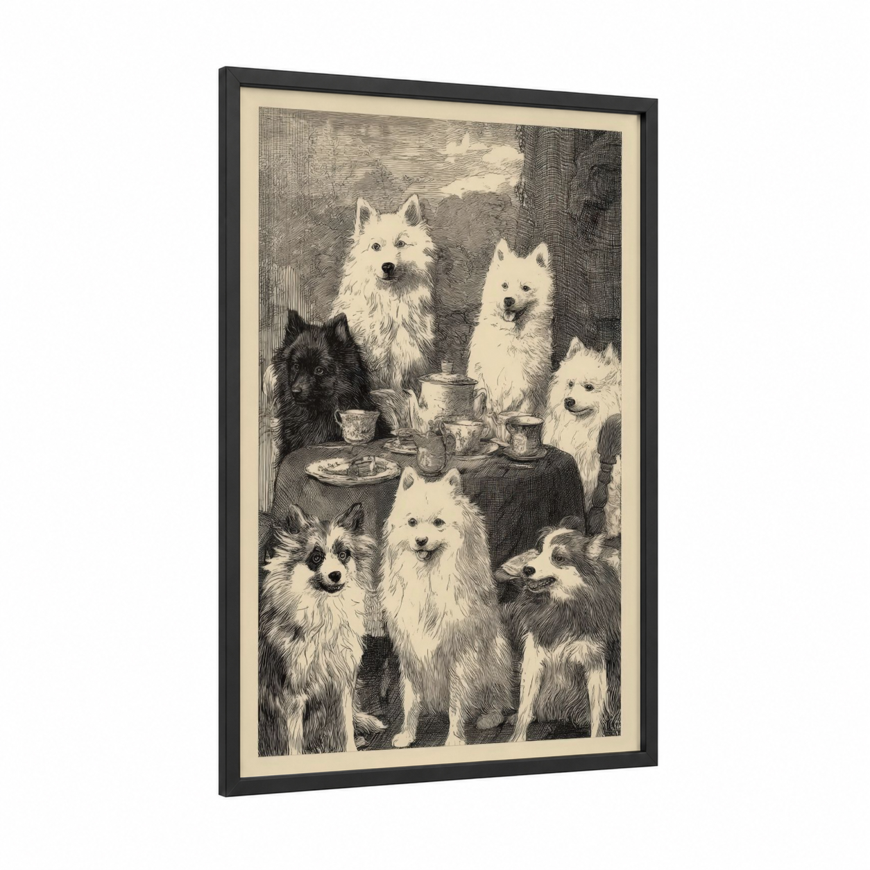Spitz Tea Party framed art print — black wood frame — black and white palette
