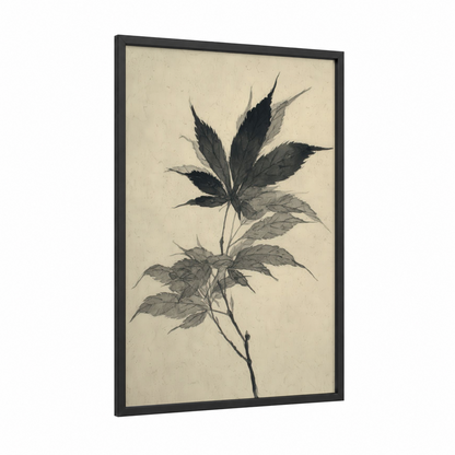 Botanical Cannabis Study framed art print — black wood frame — black and white and cream palette