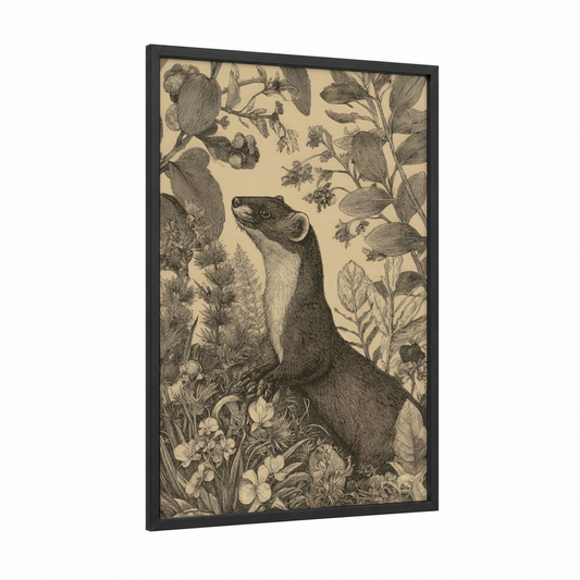 Garden Weasel framed art print — black wood frame — cream and black and white palette