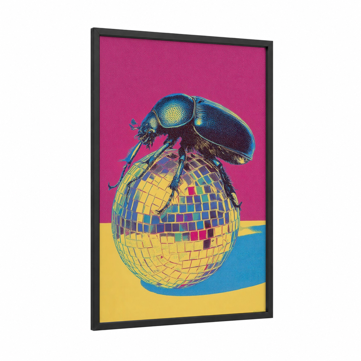 Disco Beetle framed art print — black wood frame — magenta and gold palette