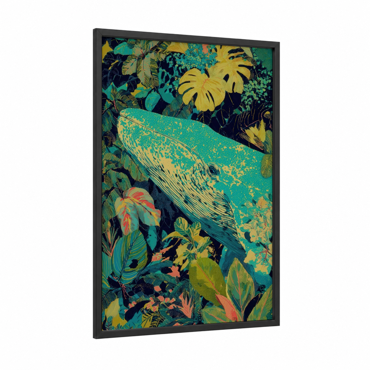 Tropical Whale framed blue whale print — black wood frame — teal and yellow gold palette