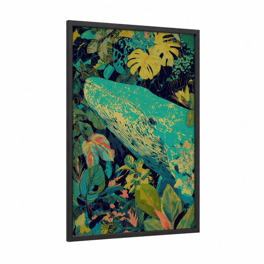 Tropical Whale framed blue whale print — black wood frame — teal and yellow gold palette