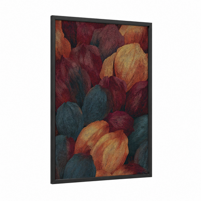 Autumn Popcorn framed art print — black wood frame — maroon and teal palette