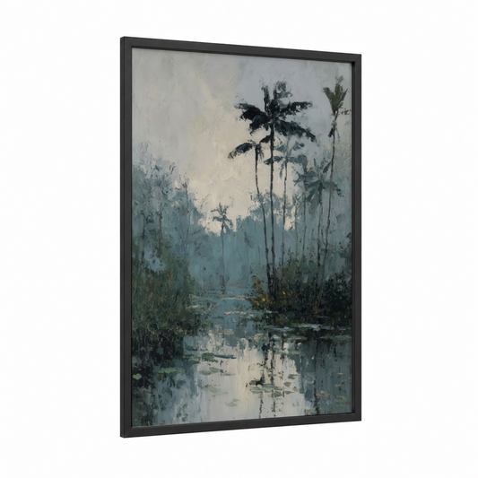 Misty Palm Grove framed tropical trees print — black wood frame — gray and sage green palette
