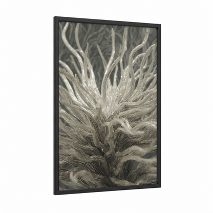 Ethereal Anemone framed sea anemone print — black wood frame — gray and white palette