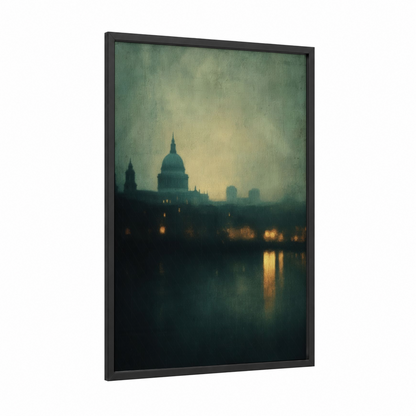 Misty Cathedral Dawn framed saint paul's cathedral print — black wood frame — dove gray and gold palette