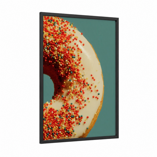 Colorful Sprinkle Donut framed sweet print — black wood frame — red and gold palette