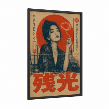 Vintage Japanese Cafe Smoking Woman Wall Art framed art print — black wood frame — red and beige palette