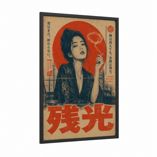 Vintage Japanese Cafe Smoking Woman Wall Art framed art print — black wood frame — red and beige palette