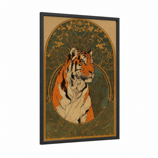 Art Deco Tiger framed art print — black wood frame — gold and dark green palette